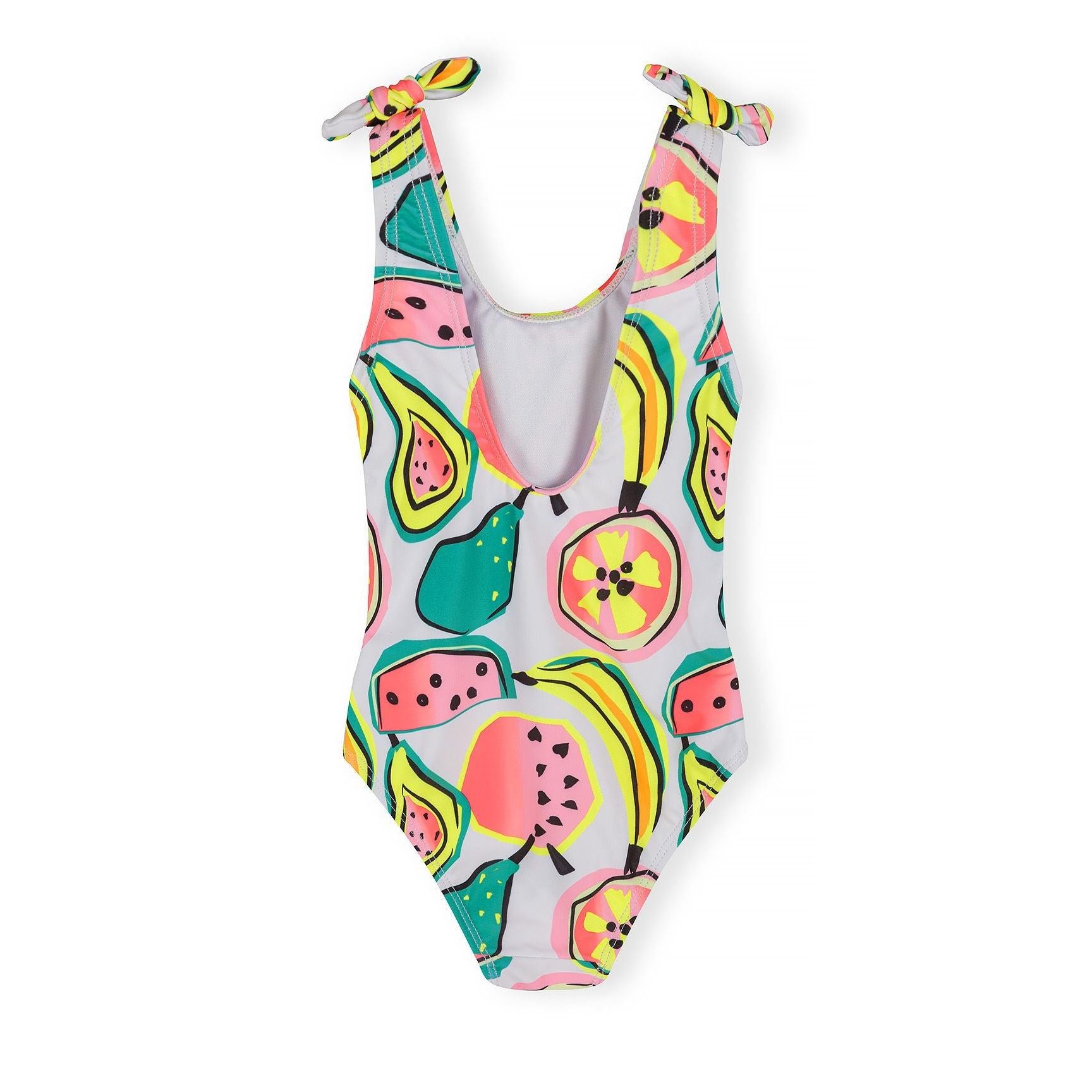 Detailed view of fruit print swimsuit showing watermelon slices with black seeds, yellow bananas, and pineapples on white background fabric