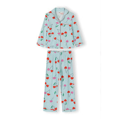 Girls' button front pyjamas in light blue, red and pink