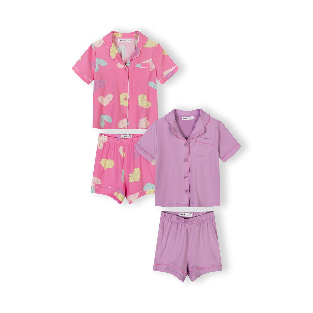 Girls' button front short pyjamas 2-pack in pink and lilac — complete product view for square Shop card