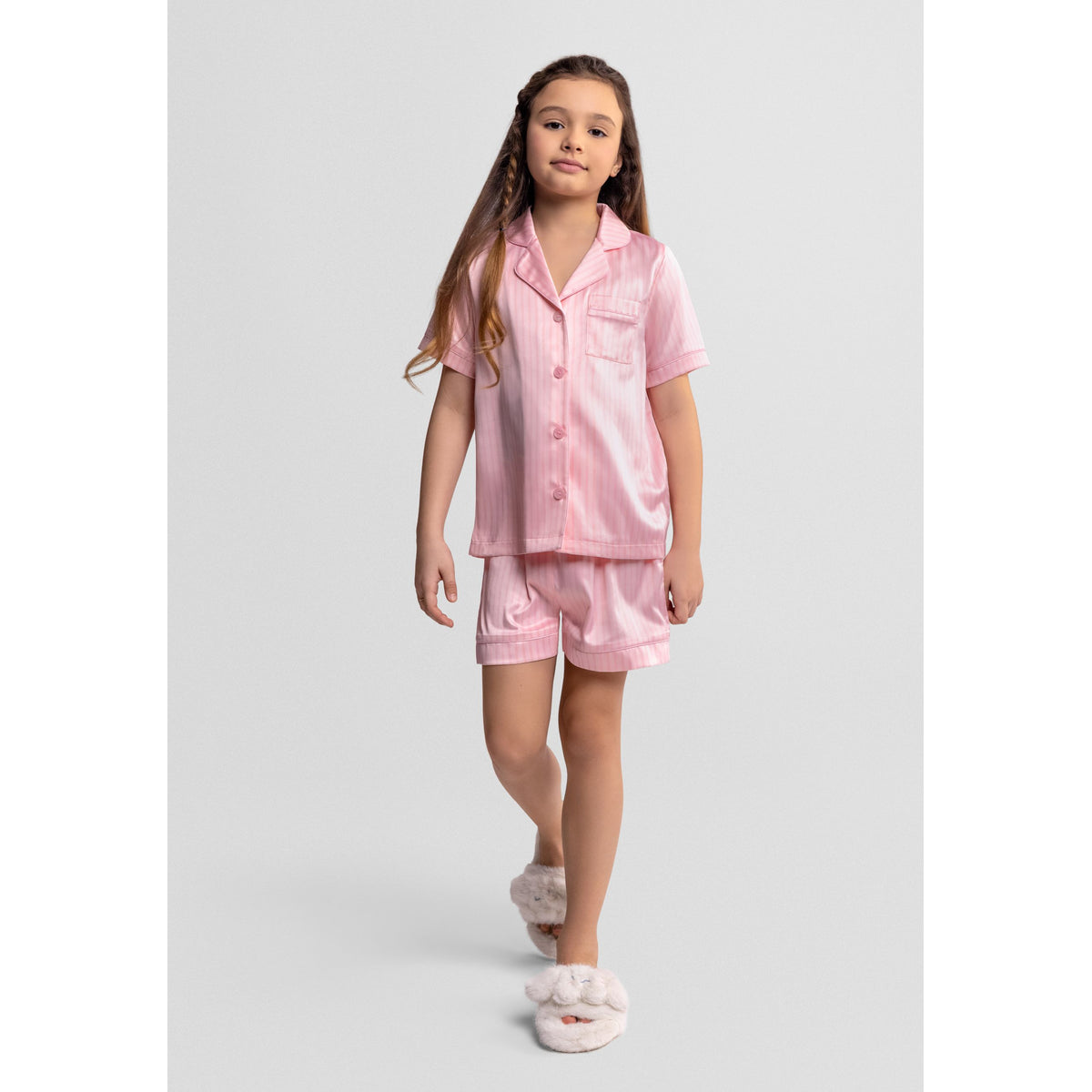 Girls' button front short pyjamas in light pink and white — complete product view for square Shop card