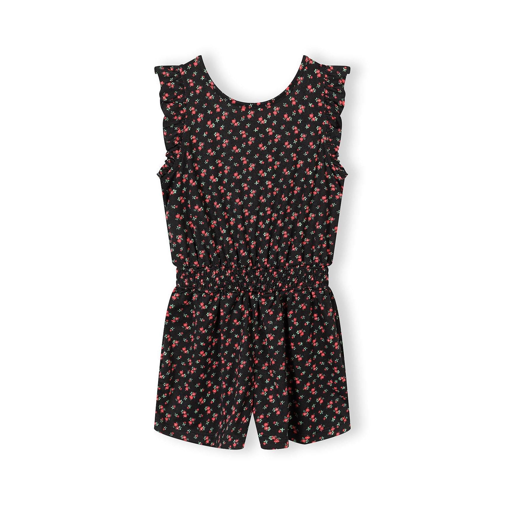 Black floral jumpsuit with ruffle sleeves and short legs, flat lay on white background showing front view