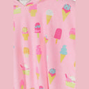 Pink terry towelling hooded cover up with colorful ice cream and popsicle print.
