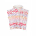 Flat lay of rainbow zebra stripe hooded towelling cover-up showing full poncho design with colourful hood spikes against white background