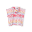 Close-up detail of multicoloured zebra stripe pattern on white towelling fabric showing pink purple orange gradient stripes