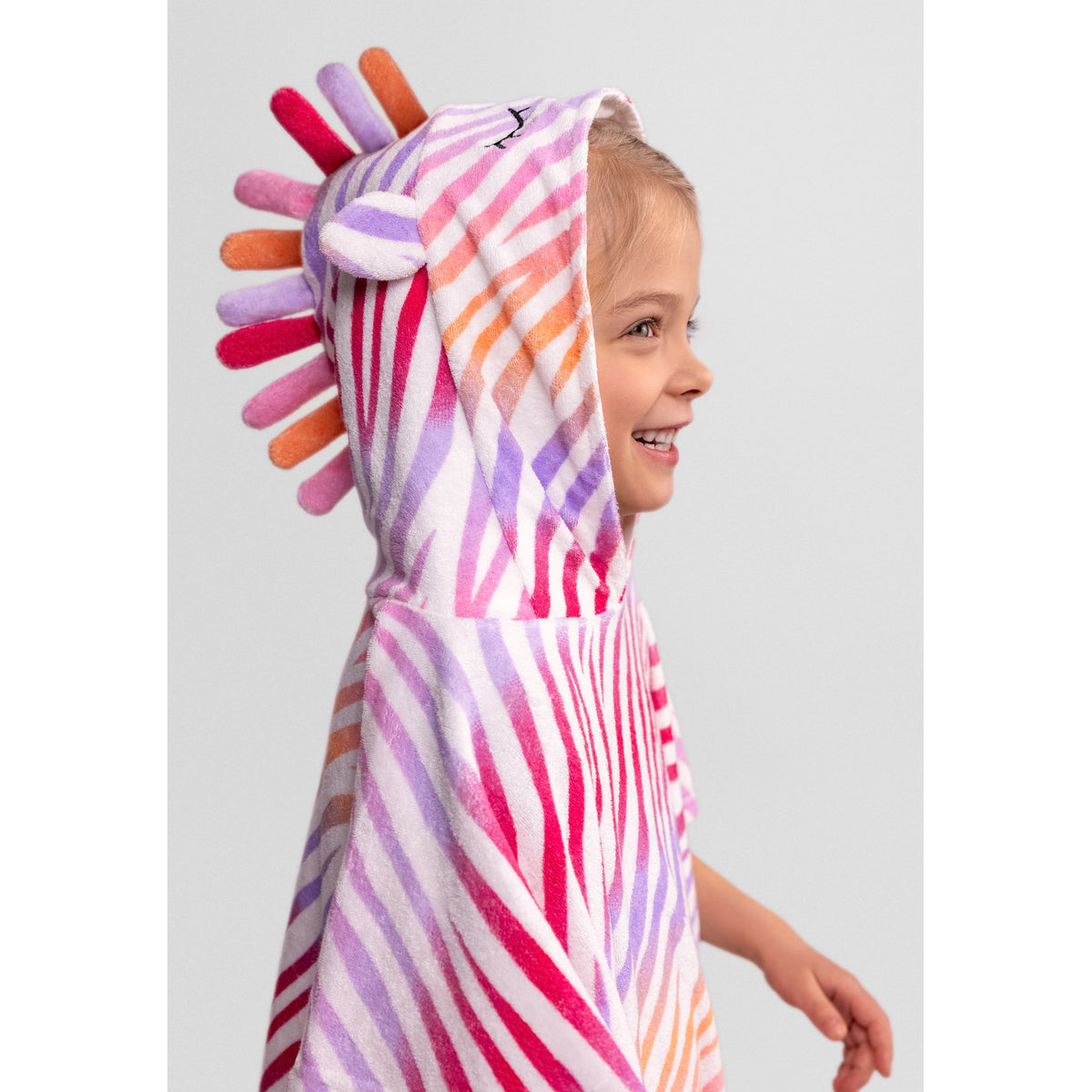 Girls' hooded towel poncho in white, pink and purple — complete product view for square Shop card