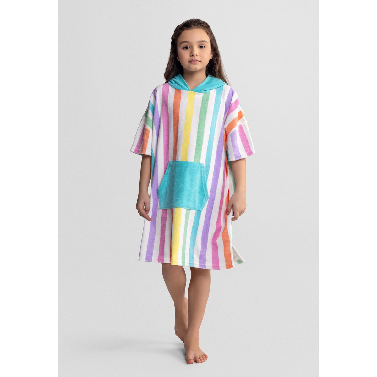 Girls' hooded towel poncho in white and multicoloured — complete product view for square Shop card