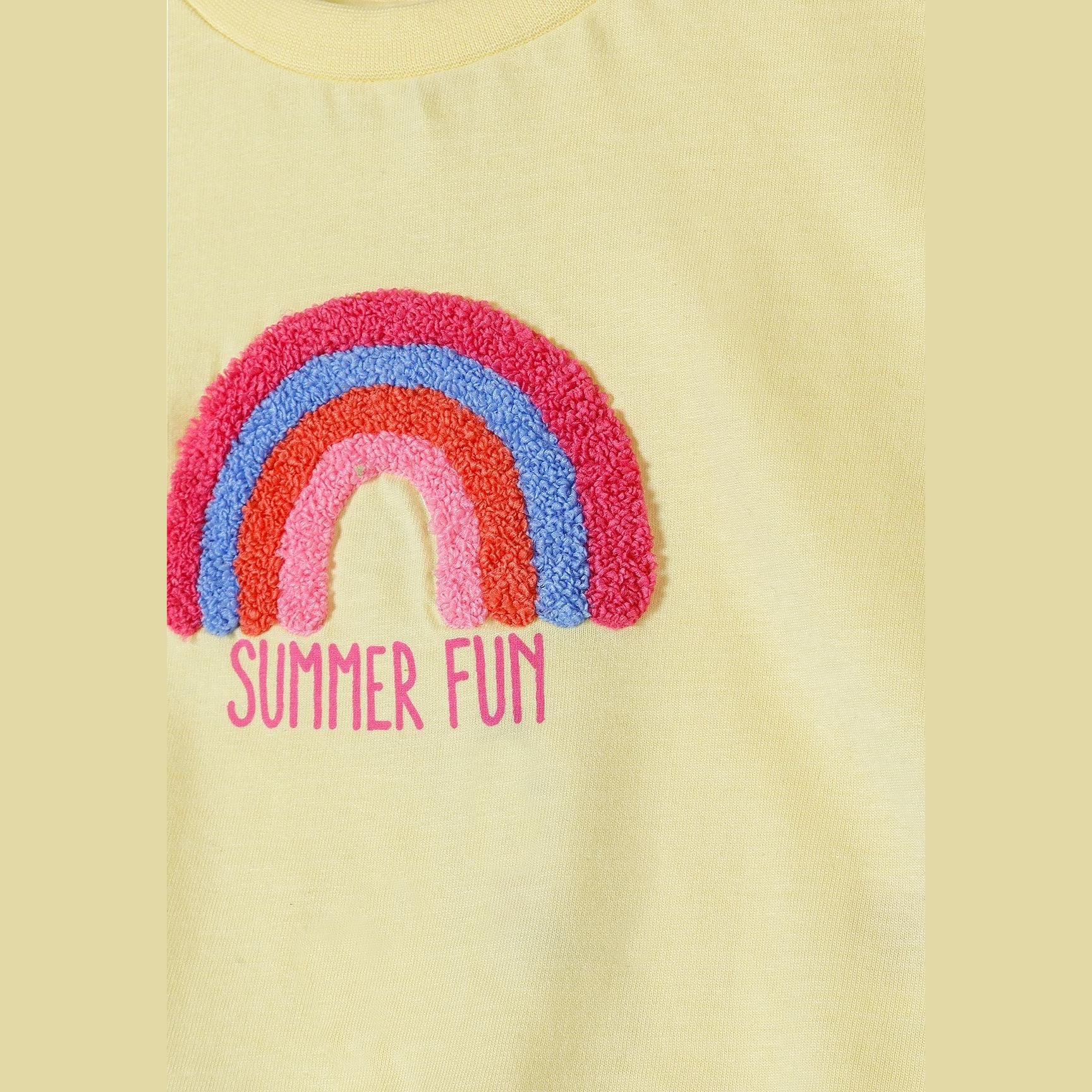 Close-up detail of textured rainbow applique with Summer Fun text on pale yellow cotton t-shirt