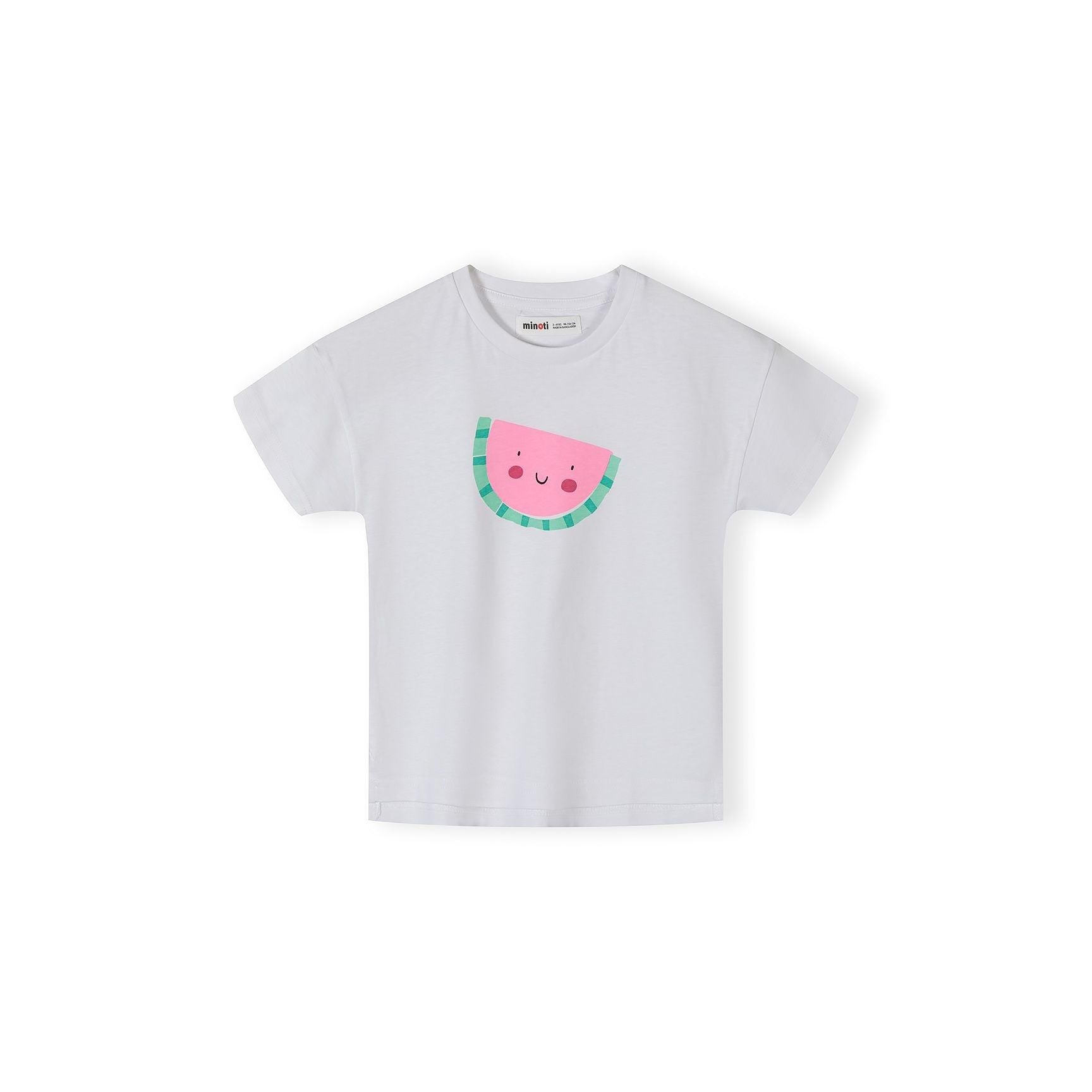 Close-up detail of apricot t-shirt showing Minoti label and Hello Sweet text with strawberry graphic design featuring colourful letters