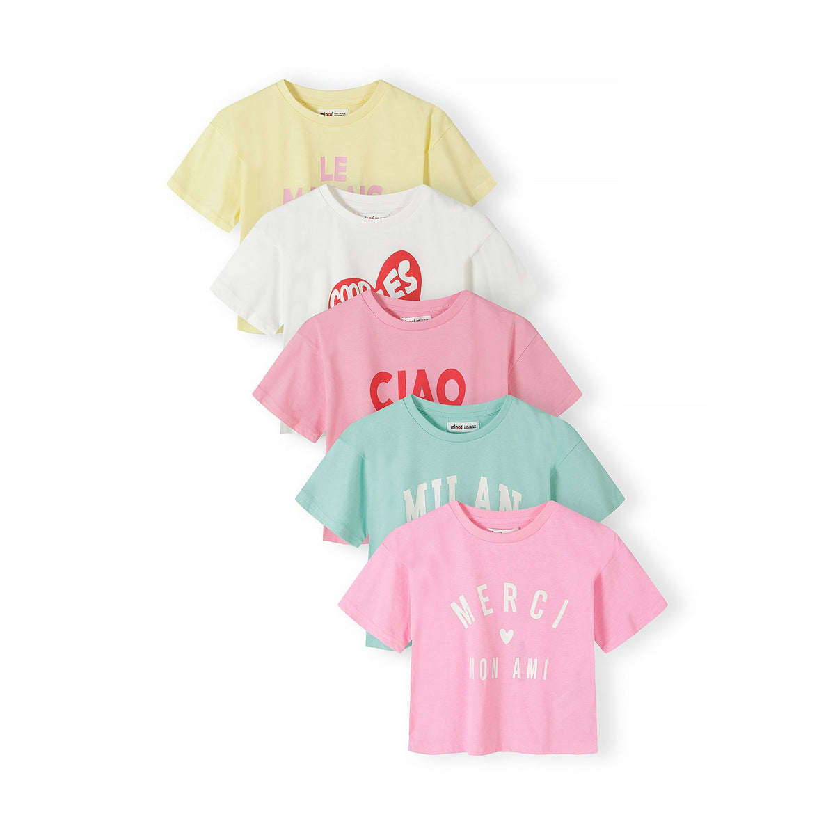 Girls' boxy slogan t-shirts 5-pack in mixed colours — complete product view for square Shop card