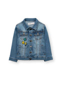 Boys denim jacket with badge decorations light blue 1-8y, durable denim fabric, classic cut, front button fastenings.