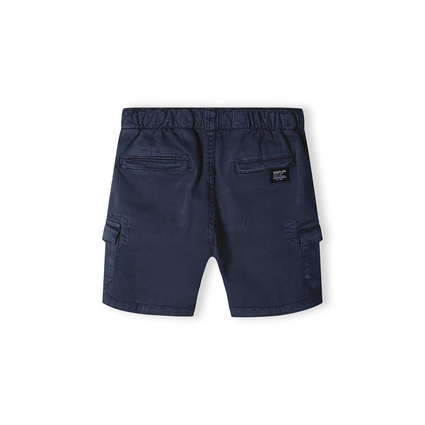 Back view of navy combat shorts showing elasticated waistband, rear pockets and cargo pocket details with Minoti brand label visible