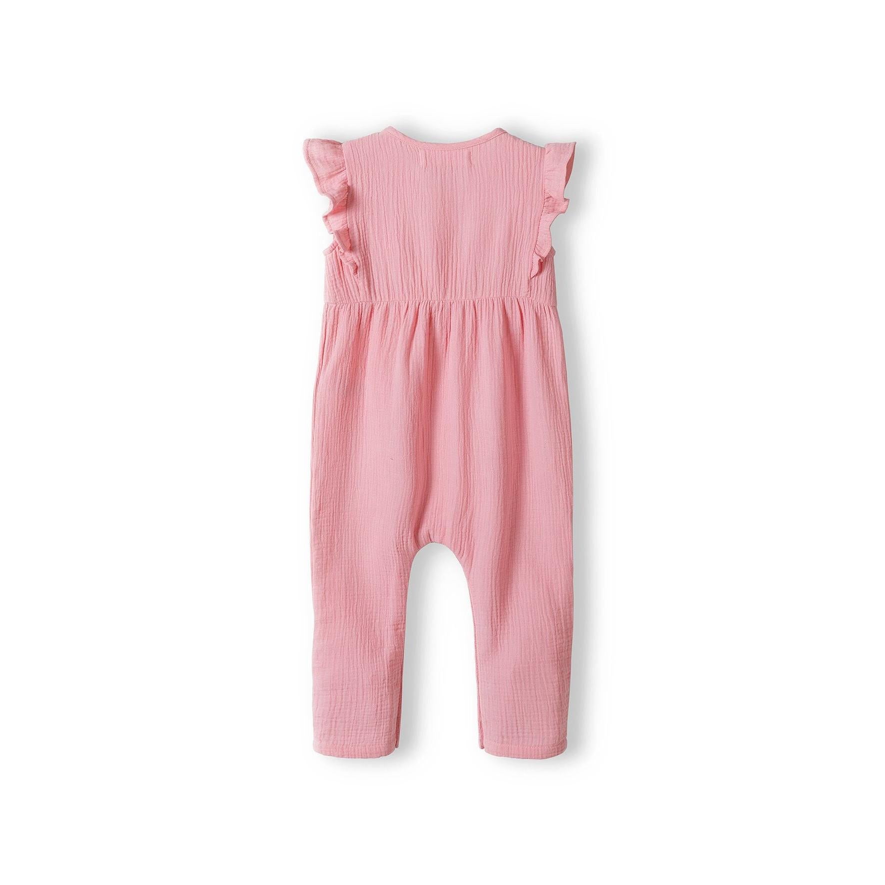 Back view of pink crinkle jumpsuit showing flutter sleeve construction and gathered waist detail on white background