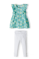 Girls top and leggings set with frilled sleeves green 3m-3y featuring a daisy print top and white leggings. Soft cotton blend fabric. 