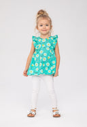 Girls top and leggings set with frilled sleeves green 3m-3y featuring a floral print top and soft white leggings. Breathable cotton blend.