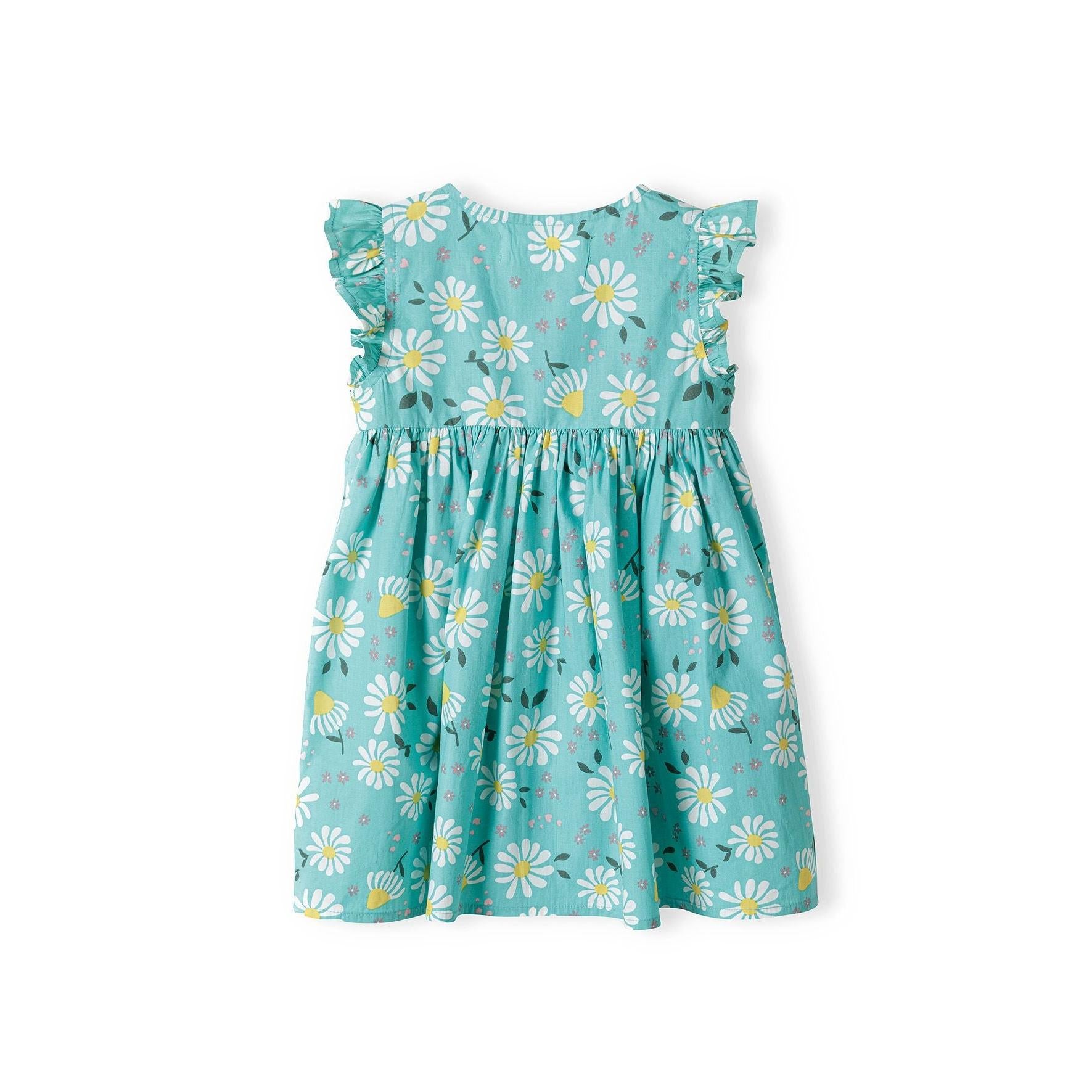 Flat lay of turquoise dress with white daisy print showing frilled sleeves and full silhouette on white background