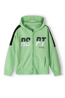 Boys fleece zip up hooded with pockets bright green 3-14y featuring contrasting black sleeves and bold graphics. Soft and practical.