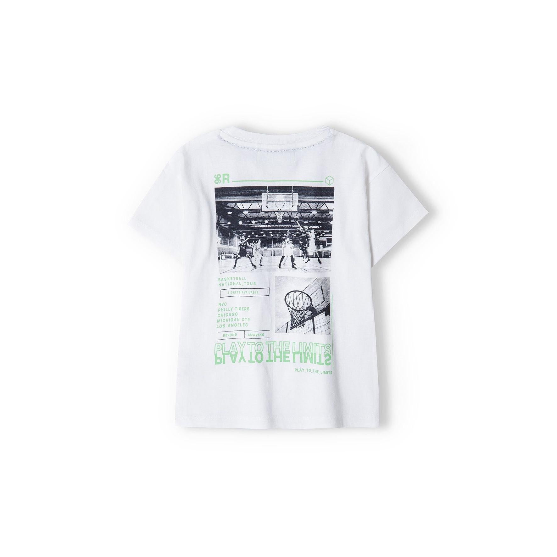Back view of white t-shirt showing large basketball court photographic print with 'PLAY TO THE LIMITS' text in green