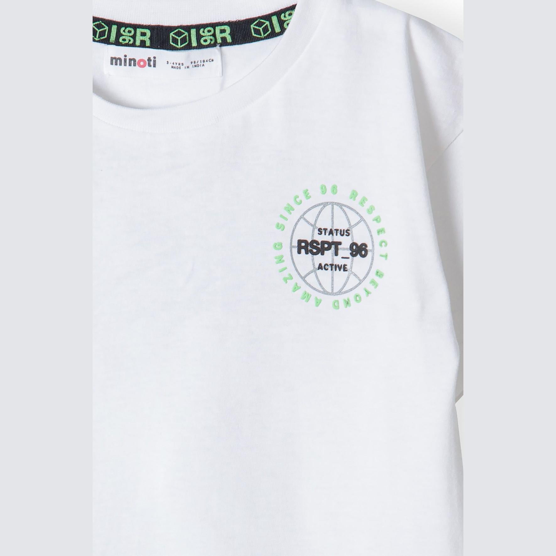 Close-up detail of white t-shirt front showing circular RSPT 96 STATUS ACTIVE logo with green text and geometric design