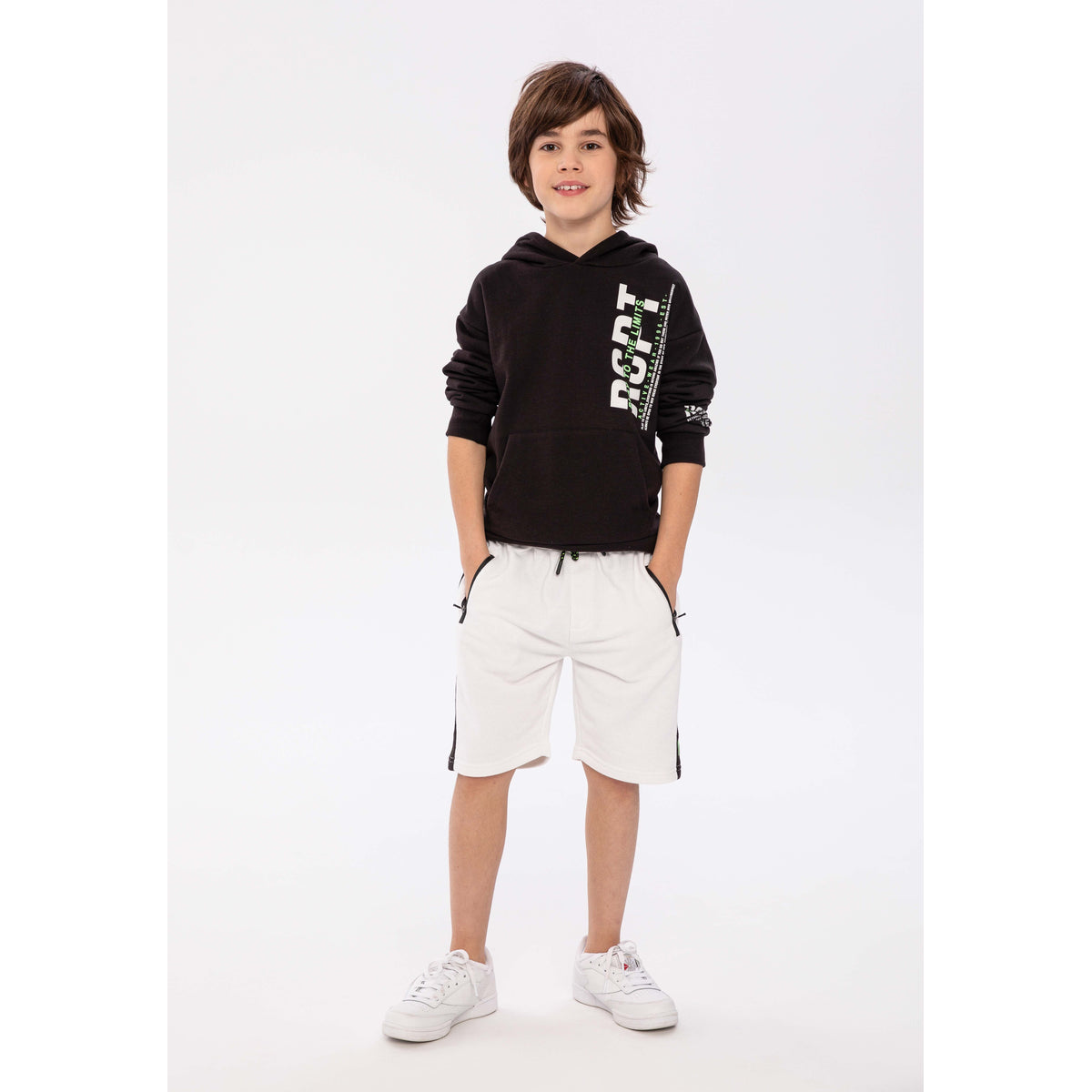 Boys' graphic pullover hoodie in black — complete product view for square Shop card
