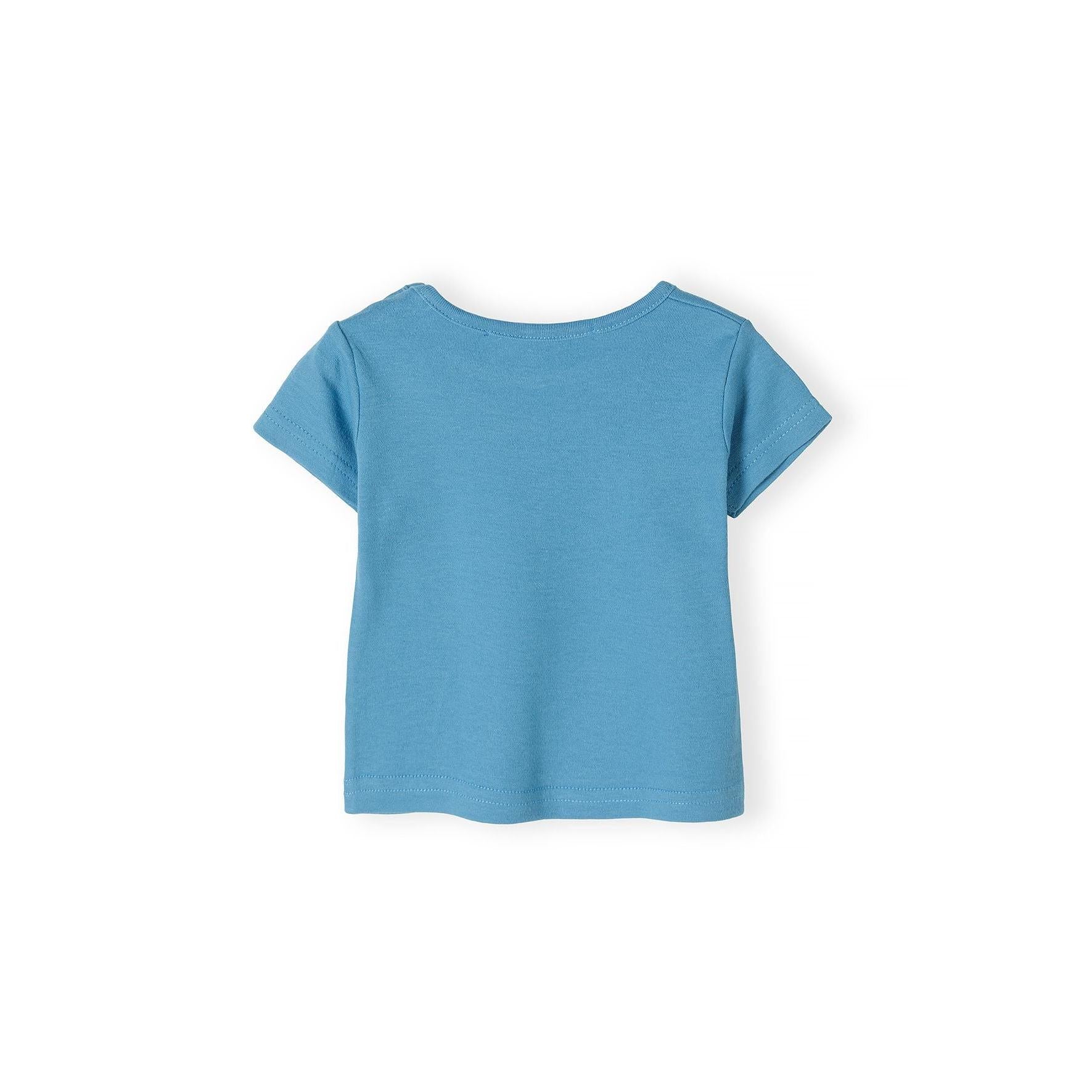 Back view of solid turquoise baby t-shirt showing plain design and short sleeves against white background