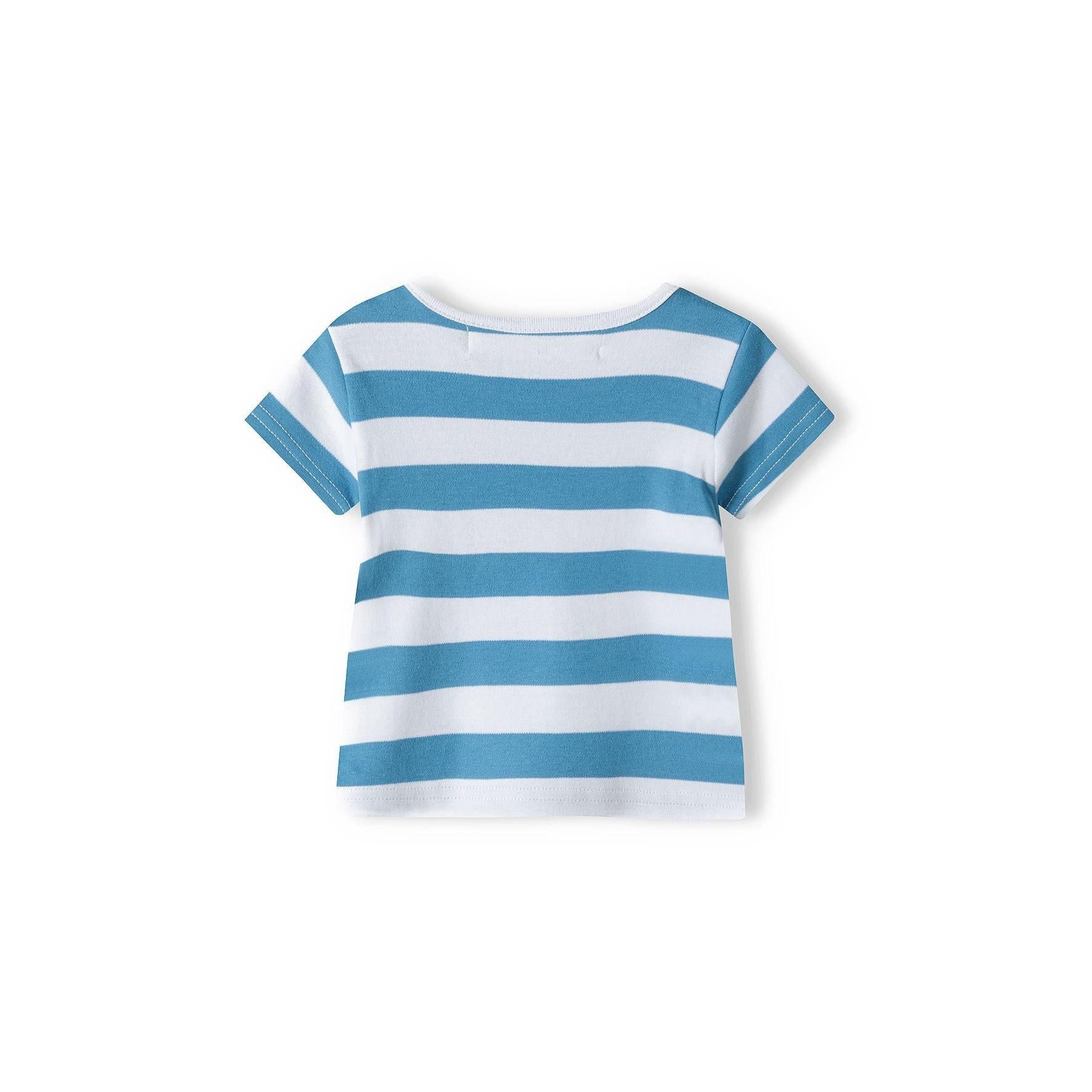 Back view of striped baby t-shirt showing turquoise and white horizontal stripes and short sleeves against white background