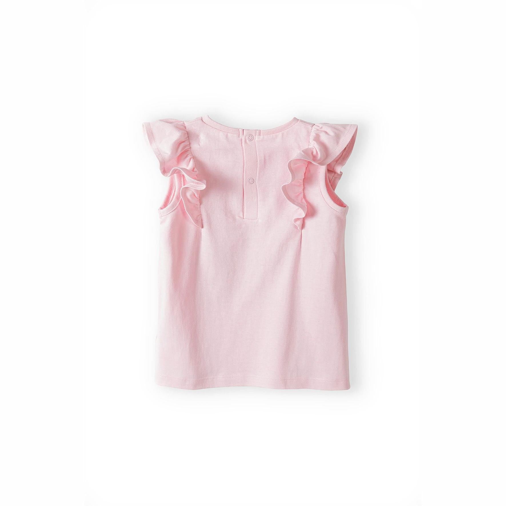 Back view of pink flutter sleeve top showing keyhole button closure at neck, laid flat on white background