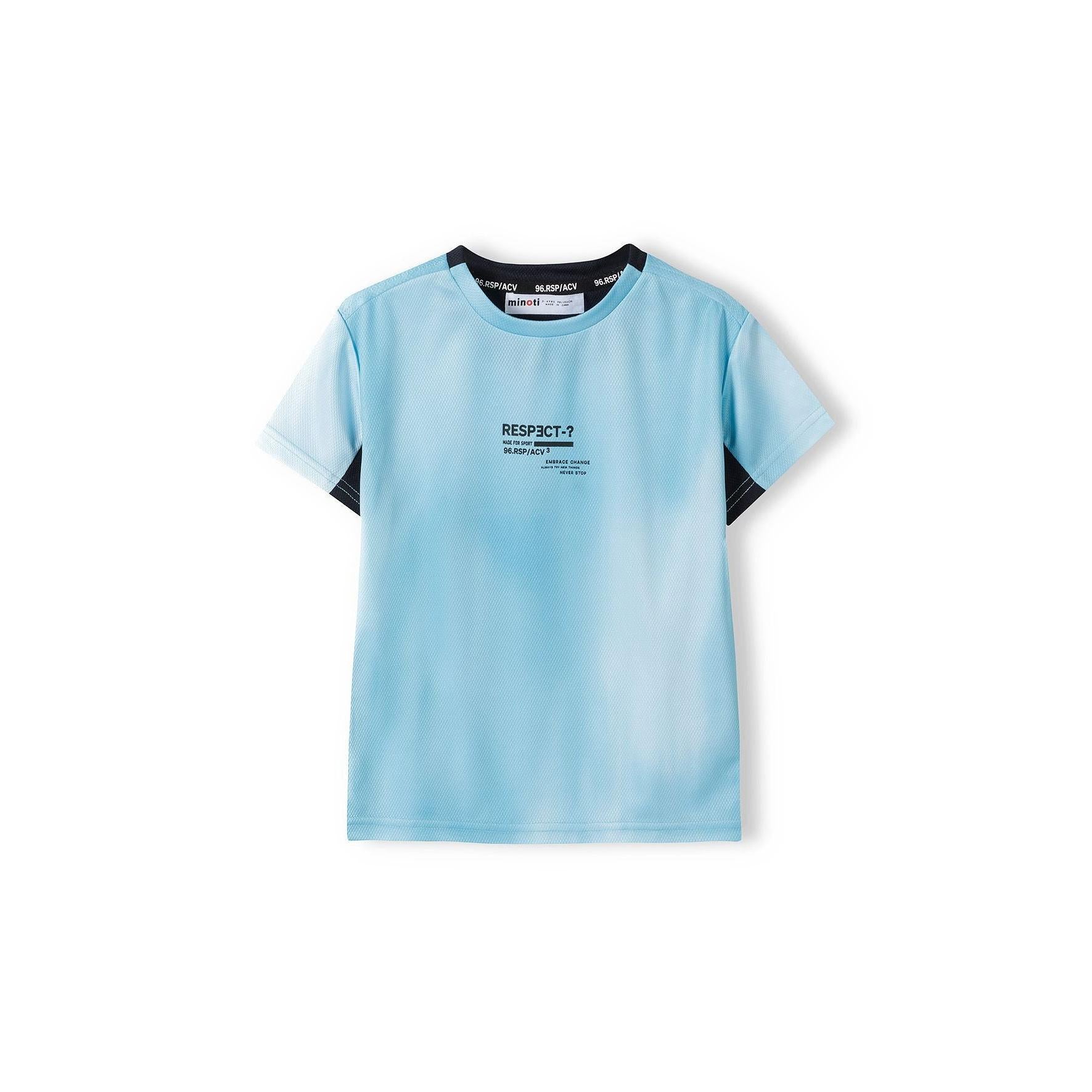 Back view of mint green sports mesh t-shirt showing plain rear design with navy contrast trim at neck and sleeves against white background