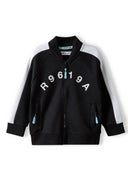 Boys zip thru sweatshirt sporty black 3-14y, lightweight polyester, features contrast sleeves, zip fastening, stylish and casual.