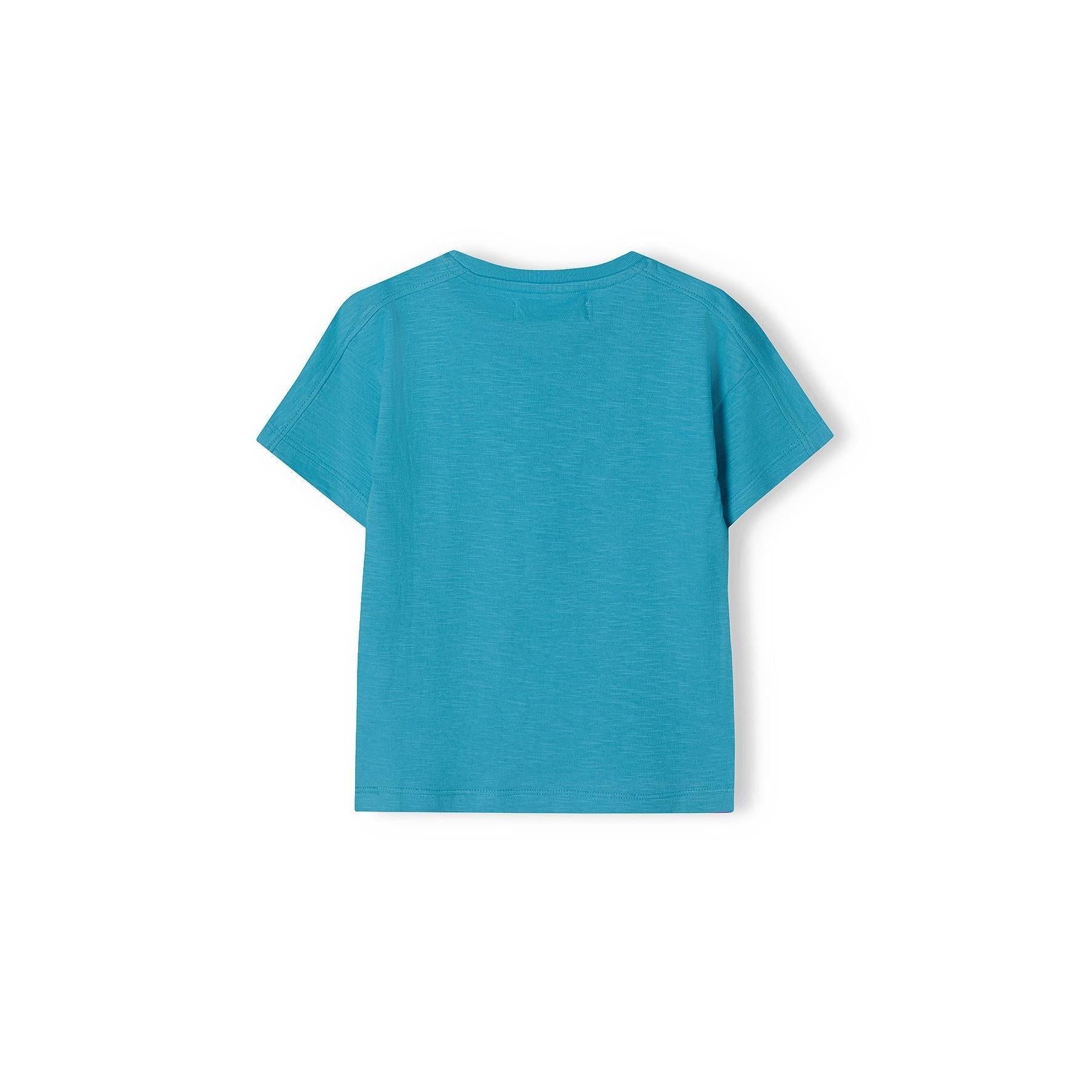 Back view of turquoise oversized slub t-shirt showing plain design and relaxed fit on white background