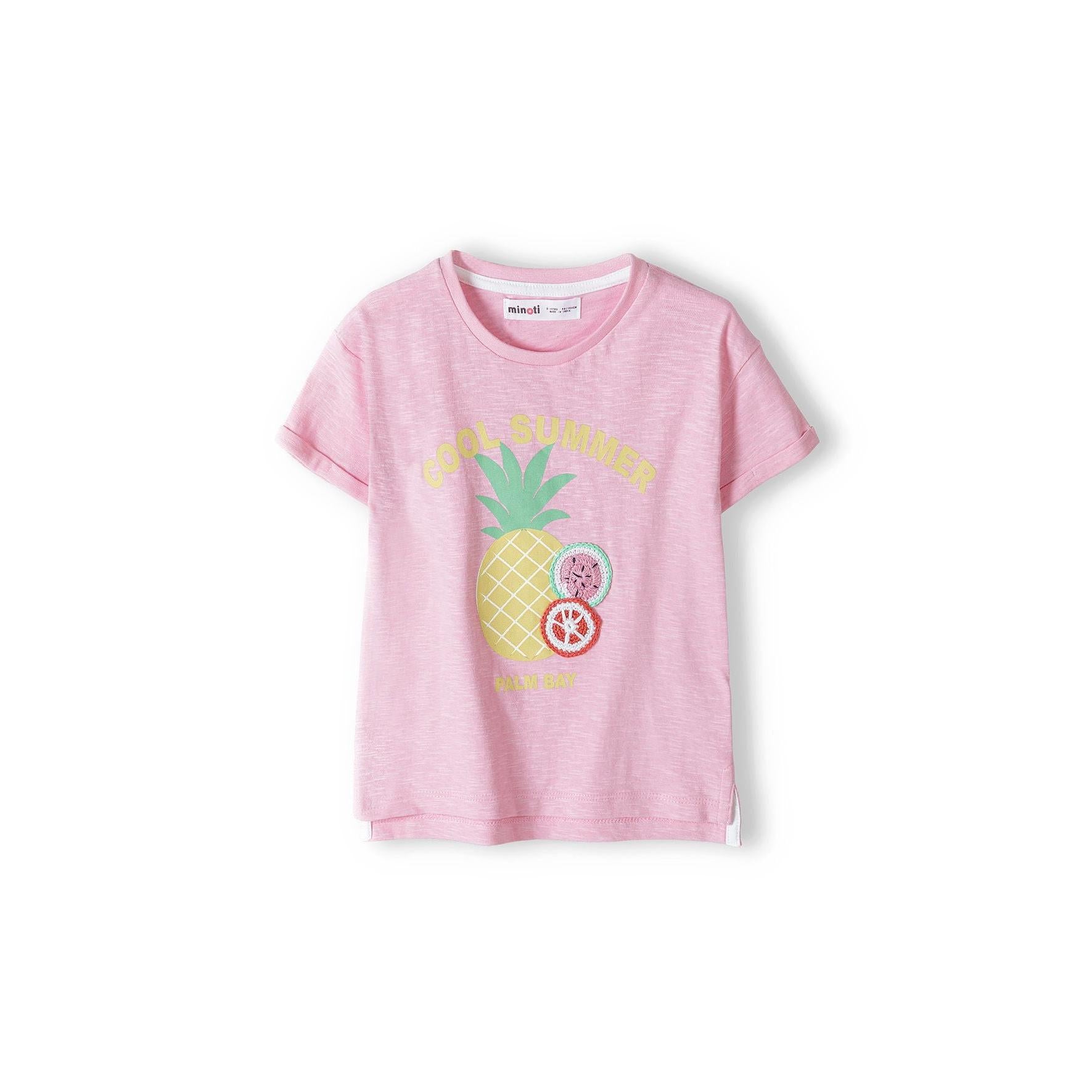 Back view of light pink slub t-shirt laid flat showing plain heathered fabric texture