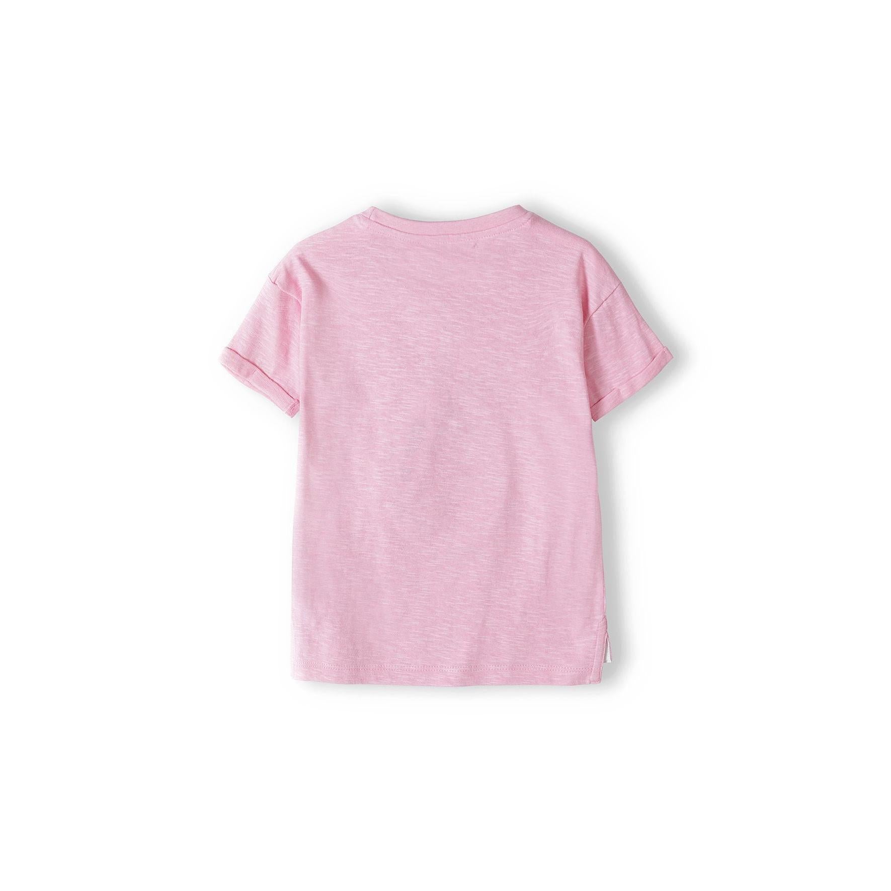 Back view of light pink slub t-shirt laid flat showing plain heathered fabric texture