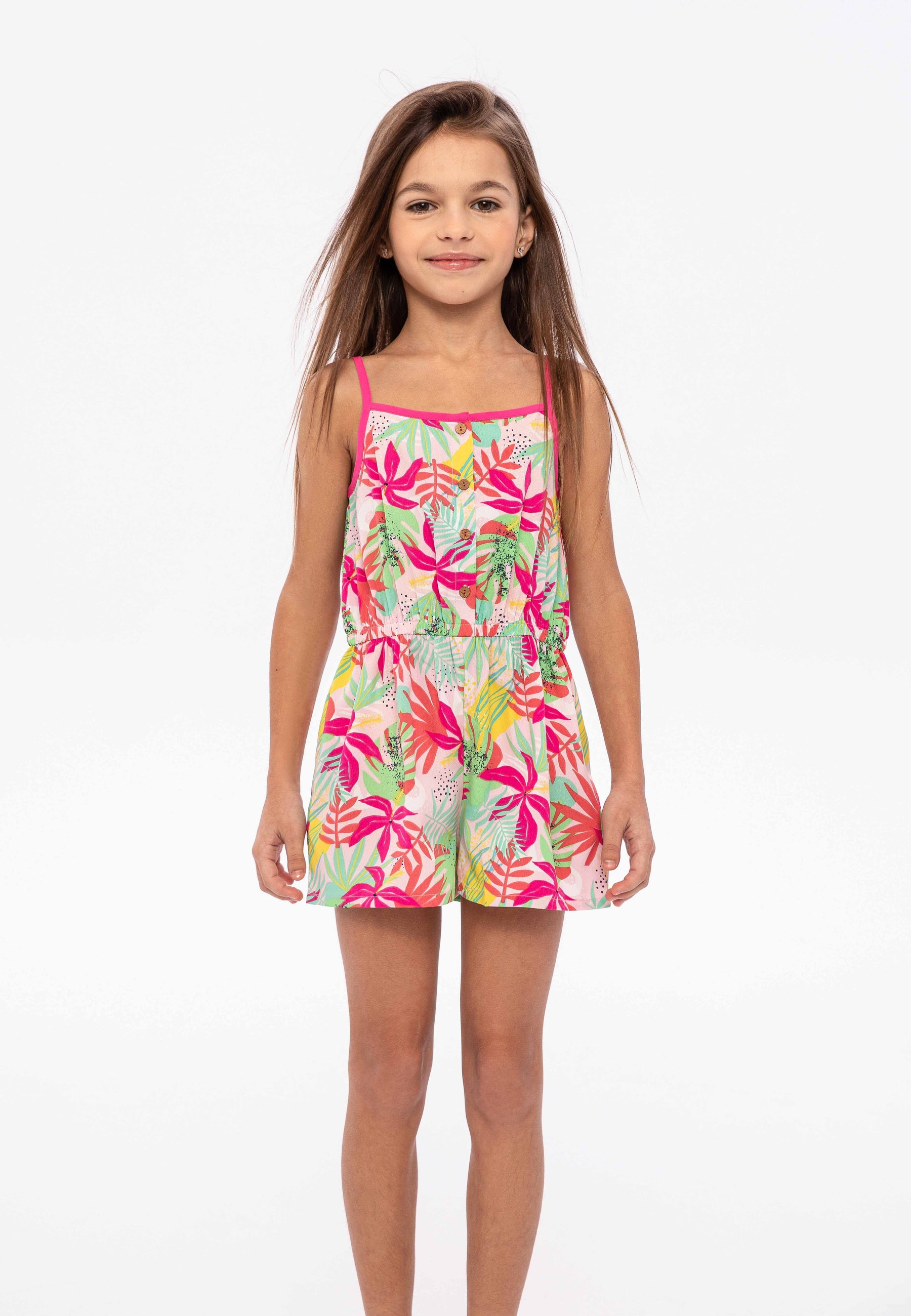 Playsuit Tropical Print, Pink Green, Straps - 1