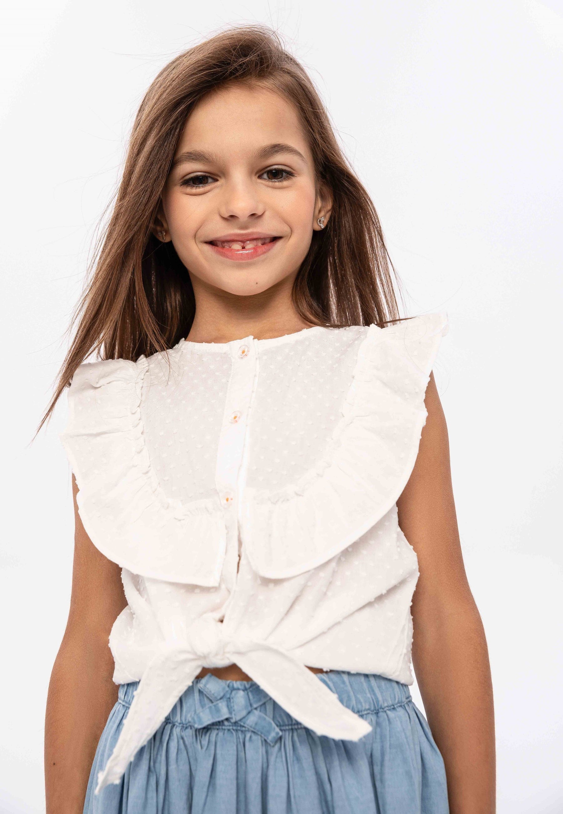 Broderie Tie-Front Top, White, Ruffle Sleeves - 1