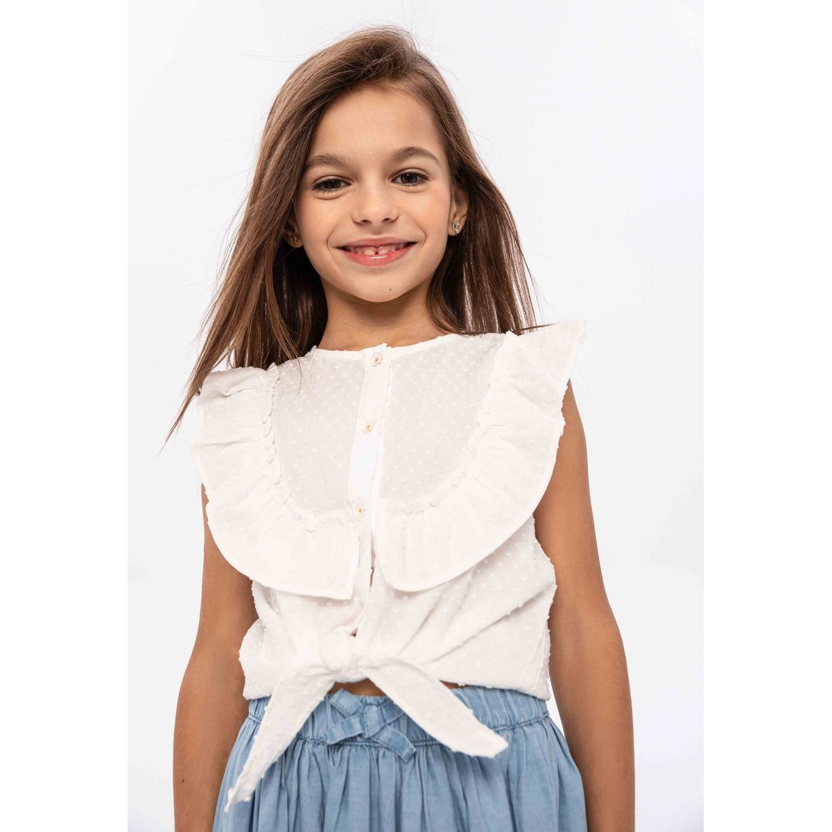 Girls' tie-front blouse in white — complete product view for square Shop card