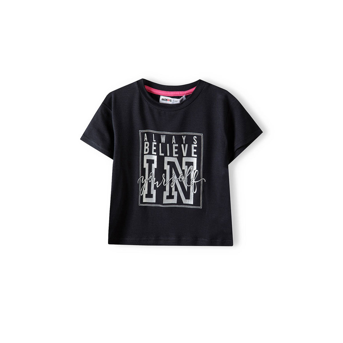 Girls' slogan t-shirt in black — complete product view for square Shop card