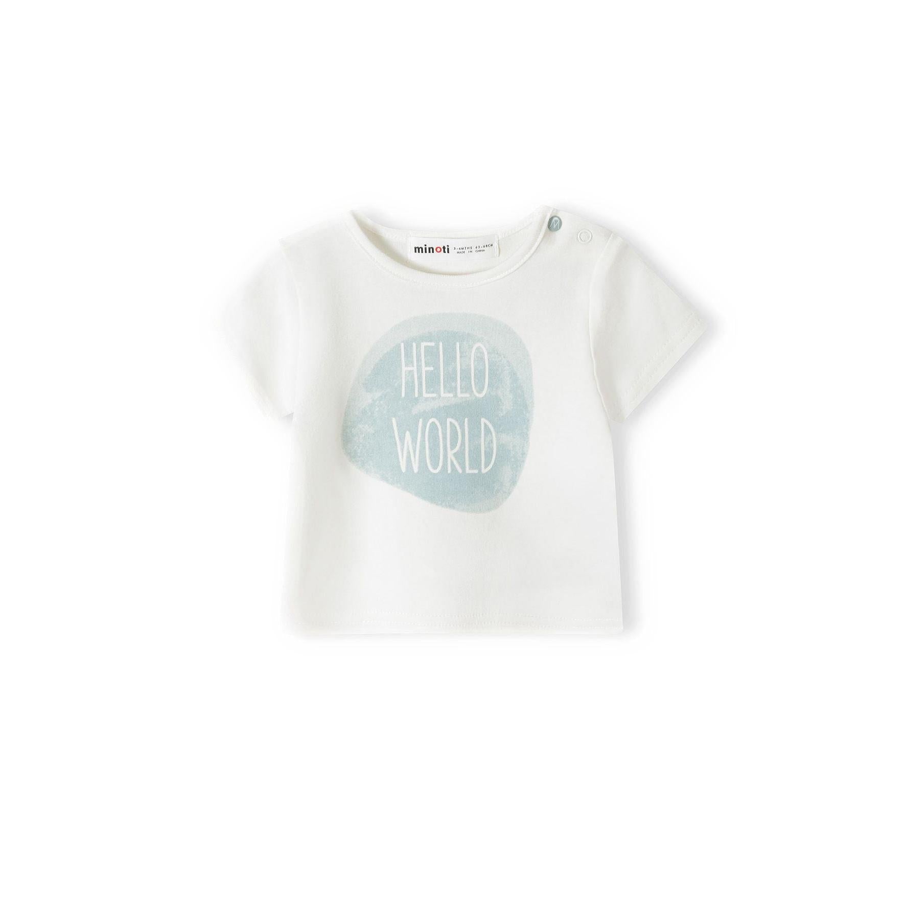 Close-up front view of striped baby t-shirt in blue and white with yellow text 'I Woke Up This Awesome' against white background, showing Minoti label at neck