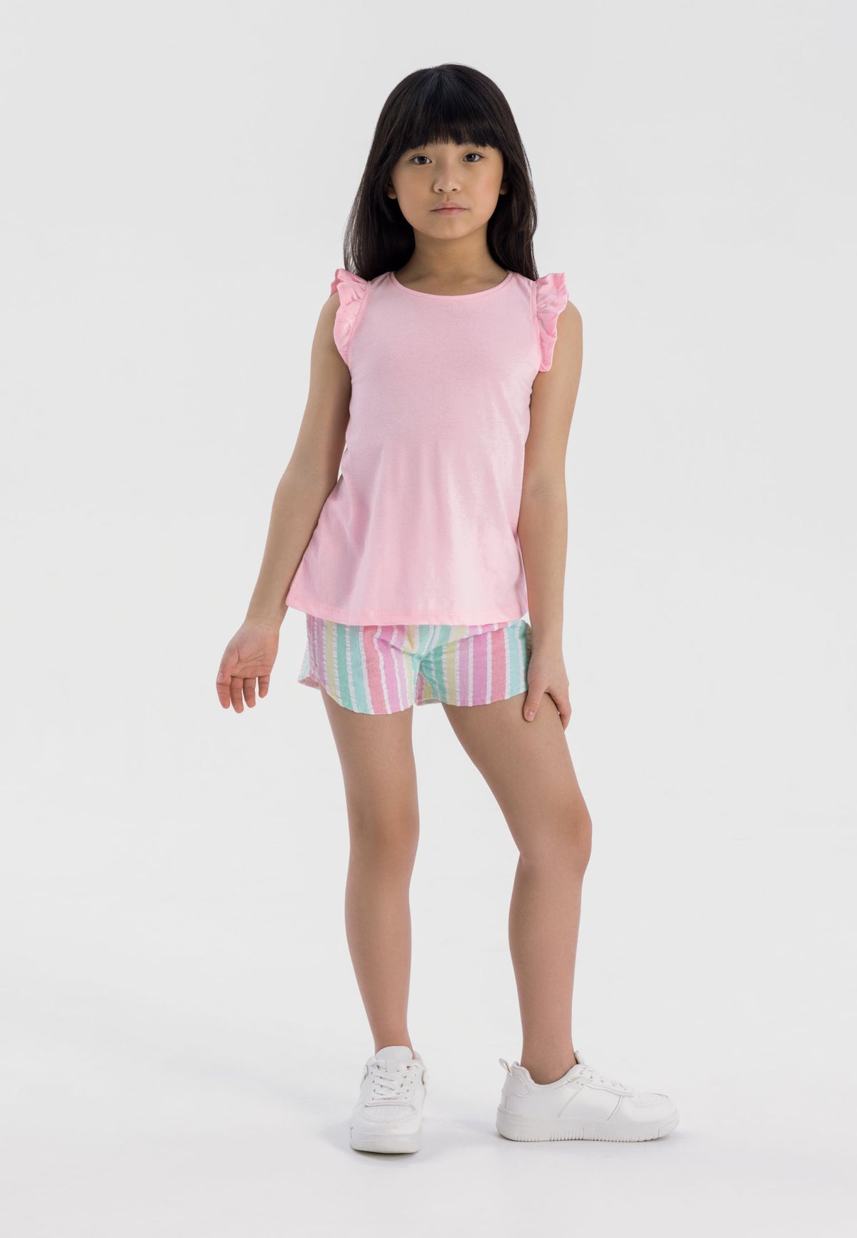 Pink, mint and white shorts, worn front.