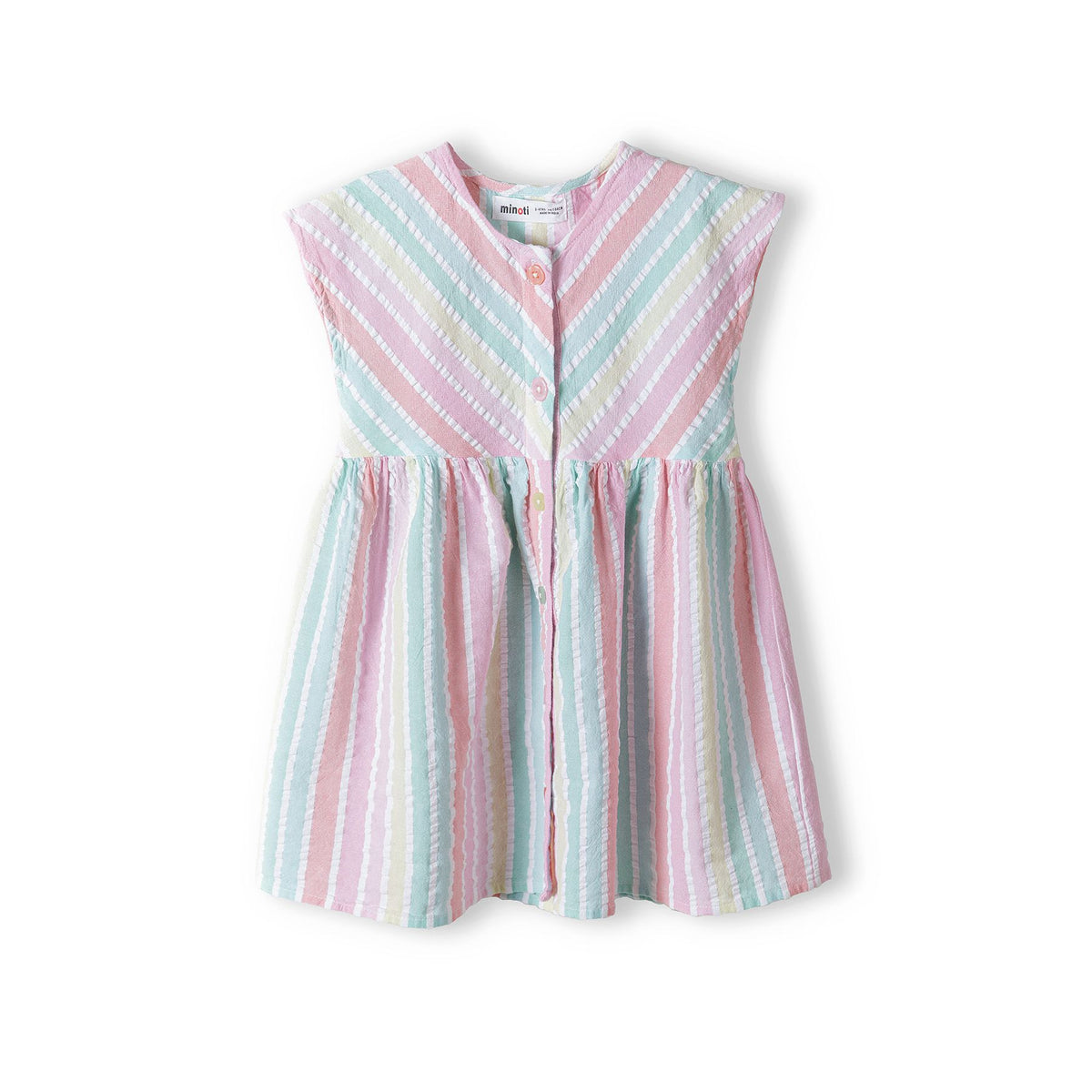 Girls' striped button-front dress in pastel pink, blue and yellow — complete product view for square Shop card