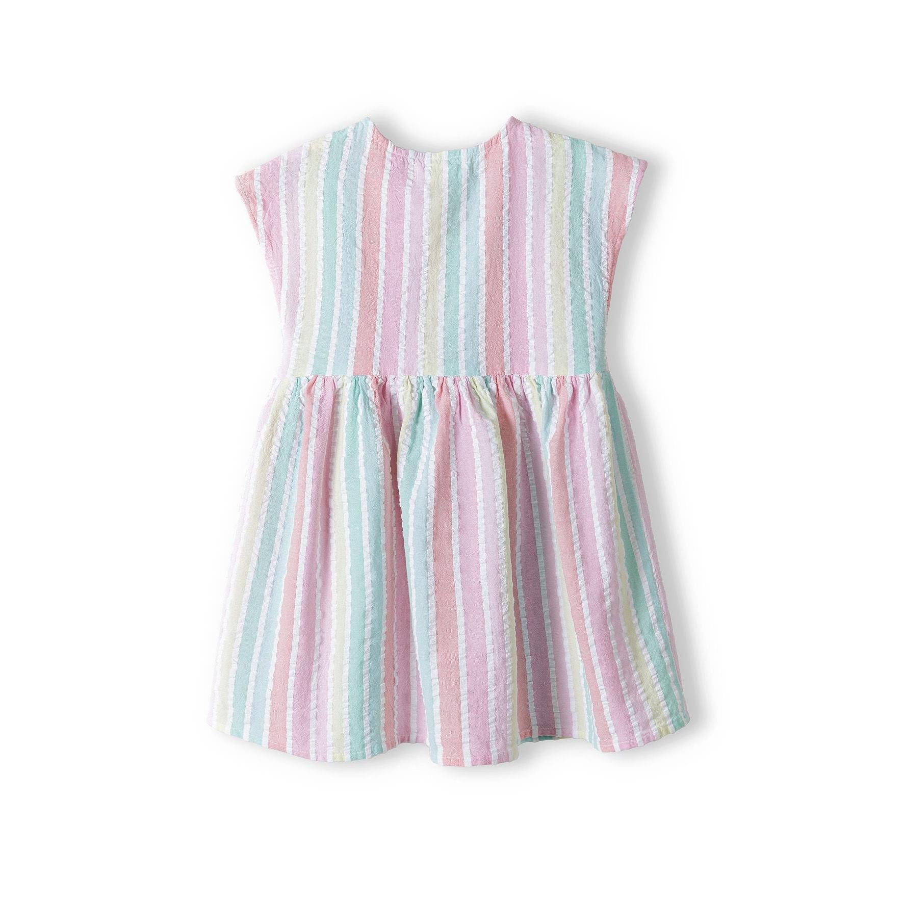 Flat lay of striped cotton dress showing multicoloured vertical stripes and cap sleeve construction against white background