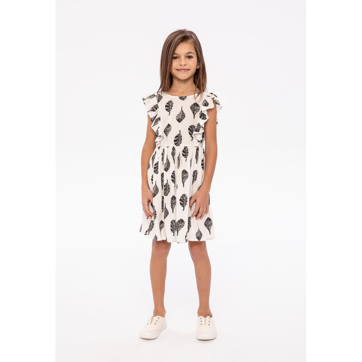 Girls' leaf print dress in white and black — complete product view for square Shop card