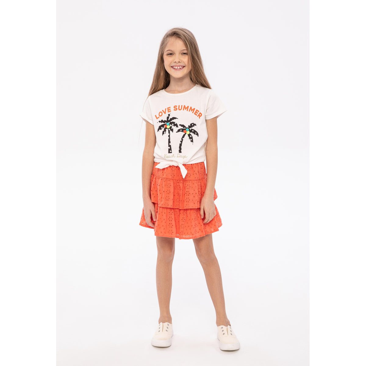 Girls' tiered skirt in coral — complete product view for square Shop card