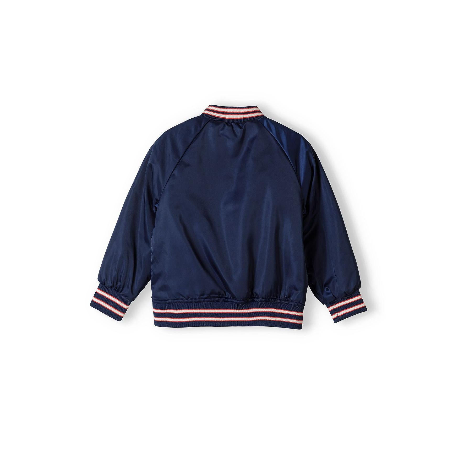 Back view of navy satin bomber jacket showing contrast ribbed hem and cuffs against white background