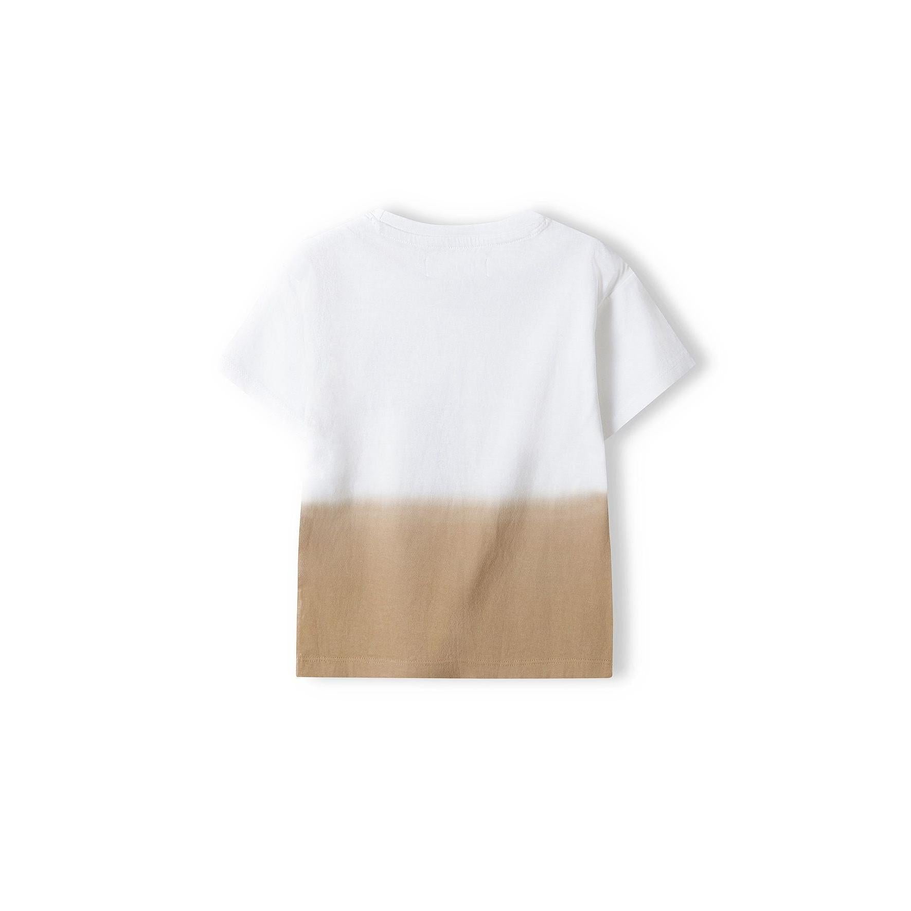 Back view of white t-shirt showing dip dye gradient effect from white at top to brown at bottom hem on white background