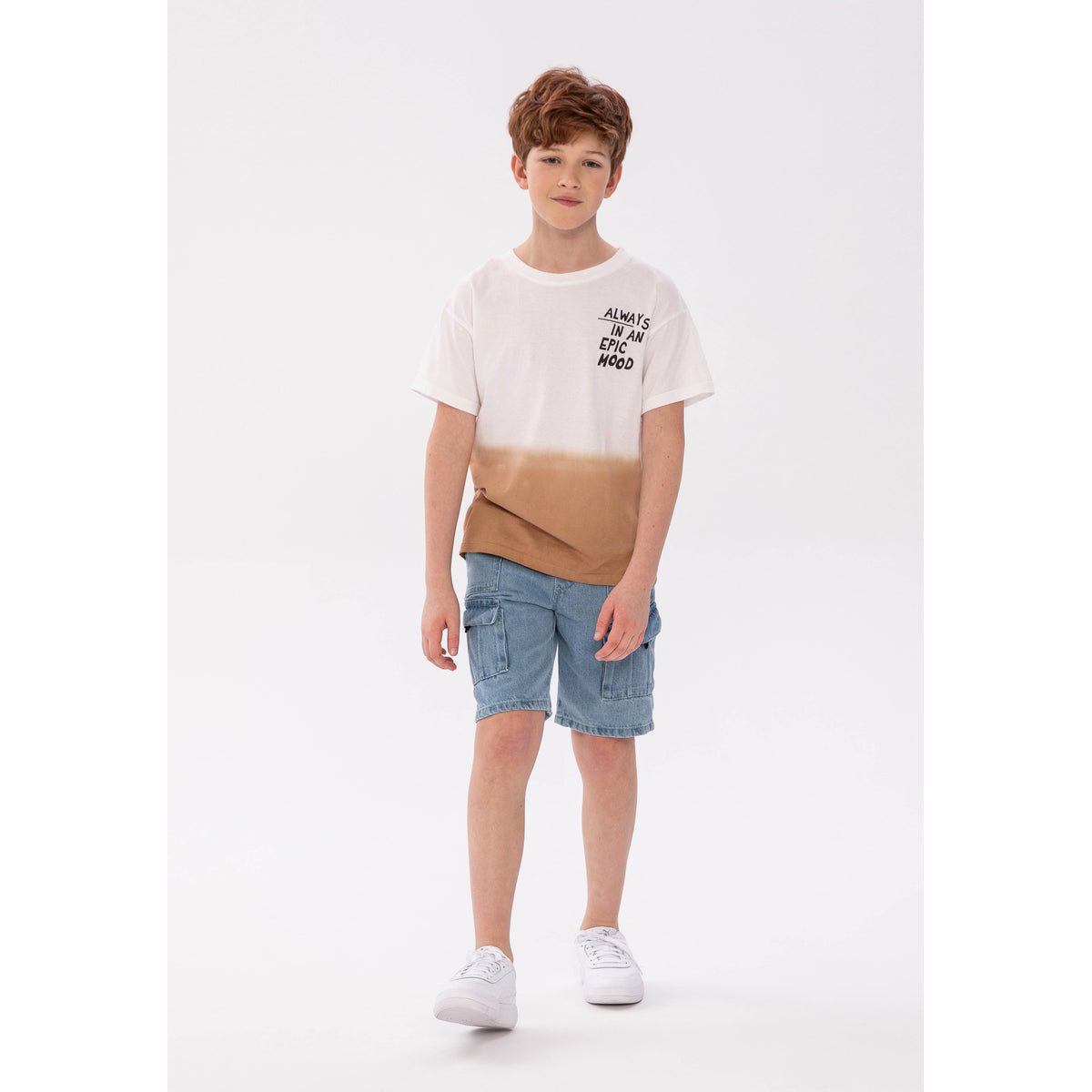 Boys' graphic t-shirt in white and tan — complete product view for square Shop card