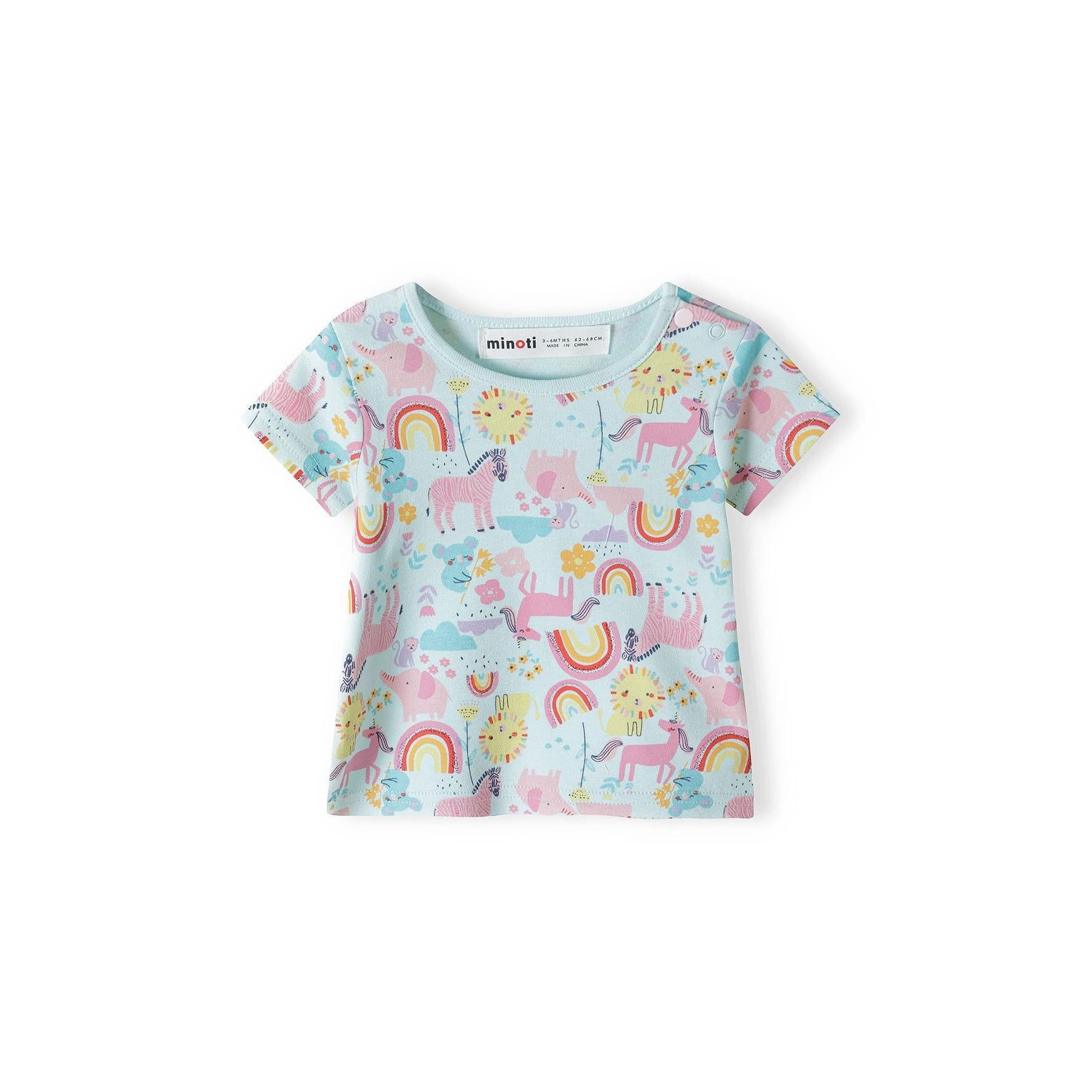 Single turquoise t-shirt with vibrant unicorn and rainbow all-over print, short sleeves, crew neck, displayed flat on white background