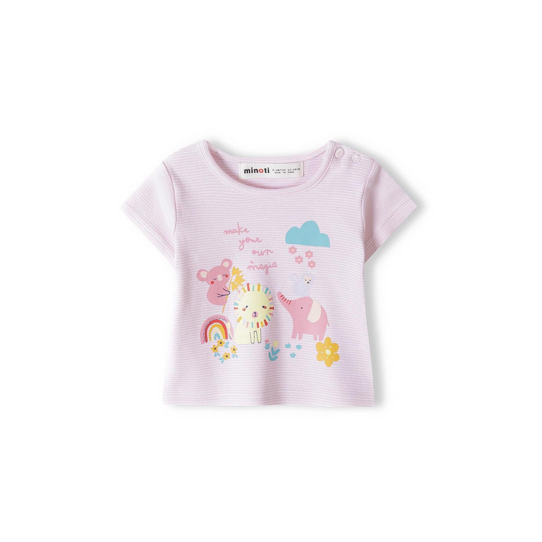 Single turquoise t-shirt with vibrant unicorn and rainbow all-over print, short sleeves, crew neck, displayed flat on white background