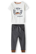 Boys t-shirt and jogpant set tiger print grey 3m-3y. White t-shirt with tiger graphic, grey fleece jogpants with adjustable drawcord. Soft fabric.