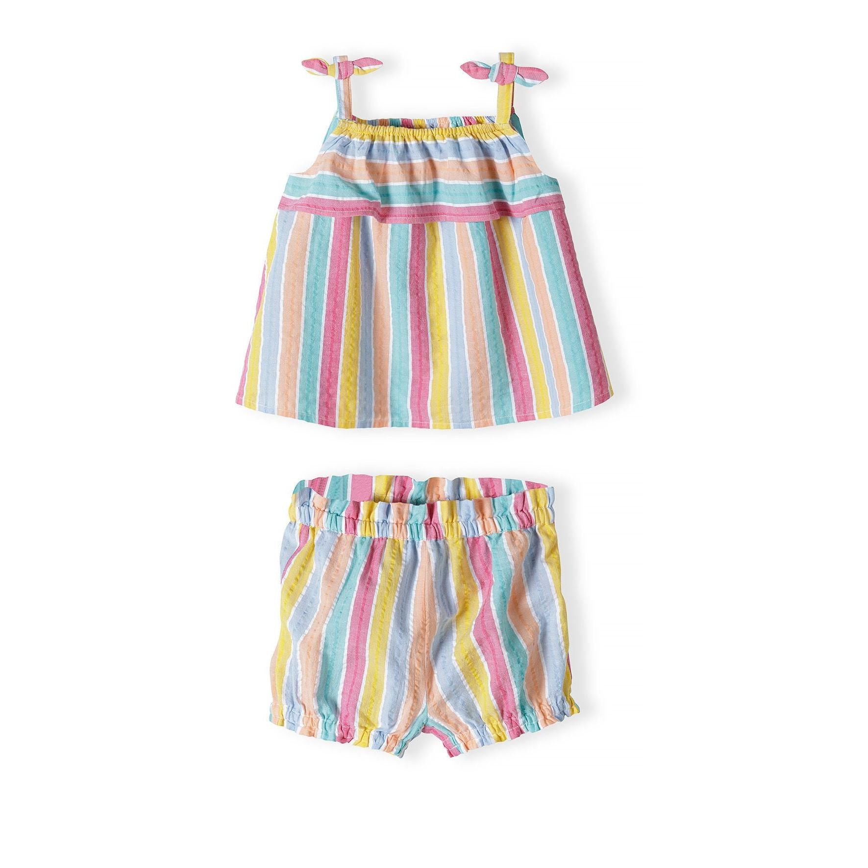 Multicolour striped strappy top and matching shorts set with bow tie shoulder details, displayed flat against white background