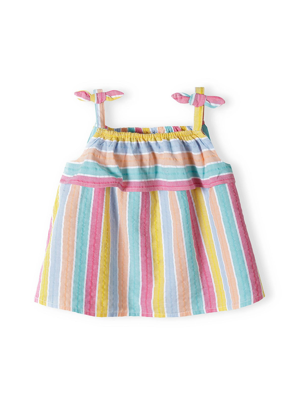 Pink, yellow, blue, green and white striped cami and shorts set, top front.