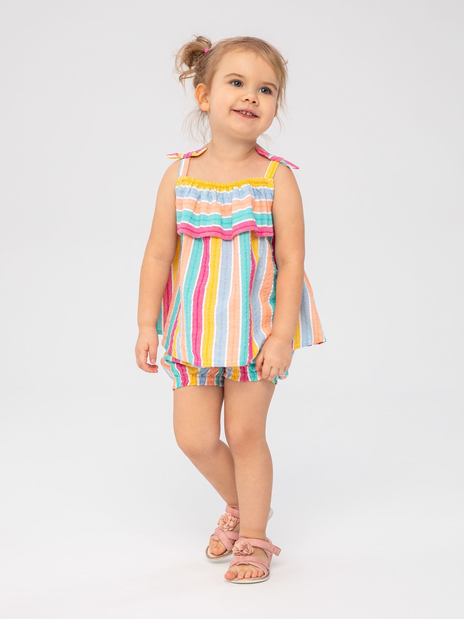 Strappy Top & Shorts Set, Rainbow Stripes, Bow Detail - 1